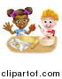 Vector Illustration of a Happy White Boy Making Frosting and Black Girl Making Star Cookies by AtStockIllustration