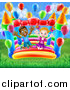 Vector Illustration of a Happy White Girl and Black Boy Jumping on a Bouncy House Castle at a Party by AtStockIllustration