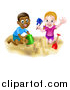 Vector Illustration of a Happy White Girl and Black Boy Playing and Making a Sand Castle by AtStockIllustration