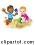 Vector Illustration of a Happy White Girl and Black Boy Playing and Making a Sand Castle by AtStockIllustration
