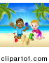 Vector Illustration of a Happy White Girl and Black Boy Playing and Making Sand Castles on a Tropical Beach by AtStockIllustration