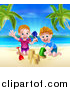 Vector Illustration of a Happy White Girl and Boy Playing and Making Sand Castles on a Tropical Beach by AtStockIllustration