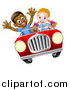Vector Illustration of a Happy White Girl Driving a Red Convertible Car and a Black Boy Holding His Arms up in the Passenger Seat As They Catch Air by AtStockIllustration