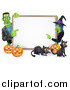 Vector Illustration of a Happy Witch and Frankenstein Pointing to a White Board Sign over Pumpkins and Black Cats by AtStockIllustration