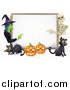 Vector Illustration of a Happy Witch Skeleton Pumpkins and Black Cats Around a Blank Sign by AtStockIllustration