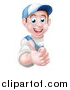 Vector Illustration of a Happy Young Brunette Caucasian Mechanic Man in Blue, Wearing a Baseball Cap, Giving a Thumb up Around a Sign by AtStockIllustration