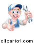 Vector Illustration of a Happy Young Brunette Caucasian Mechanic Man in Blue, Wearing a Baseball Cap, Holding a Wrench and Thumb up by AtStockIllustration