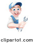 Vector Illustration of a Happy Young Brunette Caucasian Mechanic Man in Blue, Wearing a Baseball Cap, Holding a Wrench Around a Sign by AtStockIllustration