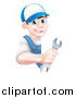 Vector Illustration of a Happy Young Brunette Caucasian Mechanic Man in Blue, Wearing a Baseball Cap, Holding a Wrench Around a Sign by AtStockIllustration