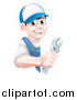 Vector Illustration of a Happy Young Brunette Caucasian Mechanic Man in Blue, Wearing a Baseball Cap, Holding an Adjustable Wrench Around a Sign by AtStockIllustration