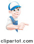 Vector Illustration of a Happy Young Brunette Caucasian Mechanic Man in Blue, Wearing a Baseball Cap, Pointing Around a Sign by AtStockIllustration