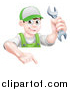 Vector Illustration of a Happy Young Brunette Caucasian Mechanic Man in Green, Wearing a Baseball Cap, Holding a Wrench over a Sign by AtStockIllustration