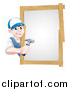 Vector Illustration of a Happy Young Brunette Caucasian Worker Man Holding a Hammer Around a Sign by AtStockIllustration
