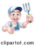 Vector Illustration of a Happy Young Brunette White Male Gardener in Blue, Holding a Garden Fork and Thumb up over a Sign by AtStockIllustration