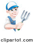 Vector Illustration of a Happy Young Brunette White Male Gardener in Blue, Holding a Garden Fork Around a Sign by AtStockIllustration