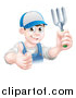 Vector Illustration of a Happy Young Brunette White Male Gardener in Blue, Holding up a Garden Fork and Thumb by AtStockIllustration