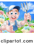 Vector Illustration of a Happy Young Brunette White Male Gardener in Blue, Holding up a Garden Fork and Thumb in a Flower Garden by AtStockIllustration