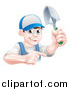 Vector Illustration of a Happy Young Brunette White Male Gardener in Blue, Pointing and Holding a Shovel by AtStockIllustration