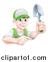 Vector Illustration of a Happy Young Brunette White Male Gardener in Green, Pointing and Holding a Shovel by AtStockIllustration