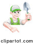 Vector Illustration of a Happy Young Brunette White Male Gardener in Green, Pointing down over a Sign and Holding a Shovel by AtStockIllustration