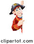Vector Illustration of a Happy Young Pirate Captain Looking Around and Pointing to a Sign by AtStockIllustration