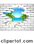 Vector Illustration of a Hole in a 3d White Brick Wall, Revealing a Tropical Beach by AtStockIllustration