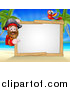 Vector Illustration of a Hook Handed Pirate Captain with a Parrot Around a Blank Sign on a Tropical Beach by AtStockIllustration