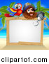 Vector Illustration of a Hook Handed Pirate Captain with a Parrot over a Blank Sign on a Tropical Beach by AtStockIllustration