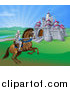 Vector Illustration of a Horseback Jousting Knight and Castle by AtStockIllustration