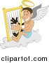 Vector Illustration of a Male Angel with a Halo and Wings, Sitting on a Cloud and Playing a Harp by AtStockIllustration