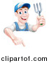 Vector Illustration of a Middle Aged Brunette White Male Gardener in Blue, Holding a Garden Fork and Pointing down over a Sign by AtStockIllustration