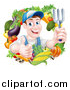 Vector Illustration of a Middle Aged Brunette White Male Gardener in Blue, Holding up a Garden Fork and Giving a Thumb up in a Wreath of Produce by AtStockIllustration