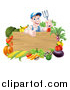 Vector Illustration of a Middle Aged Brunette White Male Gardener in Blue, Holding up a Garden Fork and Giving a Thumb up over a Blank Wood Sign with Produce by AtStockIllustration