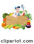 Vector Illustration of a Middle Aged Brunette White Male Gardener in Blue, Holding up a Garden Spade and Giving a Thumb up over a Blank Wood Sign with Produce by AtStockIllustration