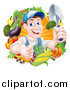 Vector Illustration of a Middle Aged Brunette White Male Gardener in Blue, Holding up a Shovel and Giving a Thumb up in a Wreath of Produce by AtStockIllustration