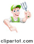 Vector Illustration of a Middle Aged Brunette White Male Gardener in Green, Holding a Garden Fork and Pointing down over a Sign by AtStockIllustration
