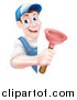 Vector Illustration of a Middle Aged Brunette White Male Plumber Wearing a Baseball Cap, Holding a Plunger Around a Sign by AtStockIllustration