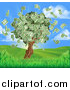 Vector Illustration of a Money Tree with Cash Falling off in a Hilly Landscape with a Sunrise by AtStockIllustration