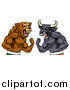 Vector Illustration of a Muscular Brown Bear Man and Bull Ready to Fight, Stock Market Metaphor by AtStockIllustration