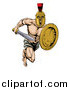 Vector Illustration of a Muscular Gladiator Man in a Helmet Running with a Sword and Shield by AtStockIllustration