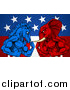 Vector Illustration of a Muscular Political Aggressive Democratic Donkey or Horse and Republican Elephant Battling over an American Flag and Burst by AtStockIllustration