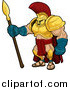 Vector Illustration of a Muscular Spartan or Trojan Gladiator Warrior in Golden Armor, Standing with a Spear by AtStockIllustration