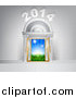 Vector Illustration of a New Year 2014 over Open Doors with Sunshine and Grass Outside by AtStockIllustration