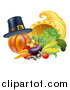 Vector Illustration of a Pilgrim Hat on a Pumpkin by a Thanksgiving Horn of Plenty Cornucopia and Vegetables by AtStockIllustration