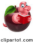Vector Illustration of a Pink Earthworm Reading a Book and Emerging from a Red Apple by AtStockIllustration
