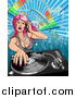 Vector Illustration of a Pink Haired Female Dj Mixing a Record by AtStockIllustration