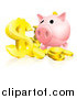 Vector Illustration of a Pink Piggy Bank and Abundance of Gold Coins and Dollar Symbol by AtStockIllustration