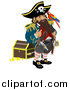 Vector Illustration of a Pirate Captain Standing by a Treasure Chest and Talking to the Bird on His Shoulder by AtStockIllustration