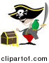 Vector Illustration of a Pirate with a Sword, Parrot and Treasure Chest by AtStockIllustration