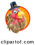 Vector Illustration of a Pleased Thanksgiving Turkey Bird Wearing a Pilgrim Hat and Giving a Thumb up and Emerging from a Circle of Rays by AtStockIllustration
